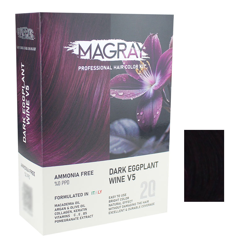 کیت رنگ مو بدون آمونیاک ماگرای شماره V5 حجم 120 میلی لیتر رنگ شرابی بادمجانی تیره