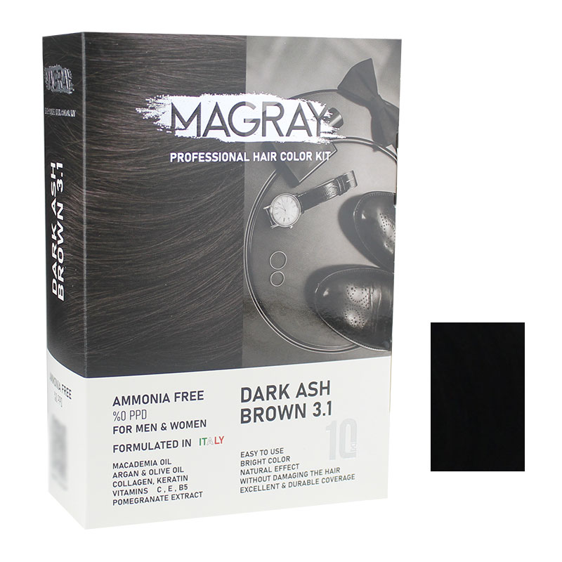 کیت رنگ مو مردانه بدون آمونیاک ماگرای شماره 3.1 حجم 120 میلی لیتر رنگ قهوه ای خاکستری تیره