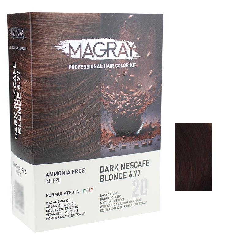کیت رنگ مو بدون آمونیاک ماگرای شماره 6.77 حجم 120 میلی لیتر رنگ بلوند نسکافه ای تیره