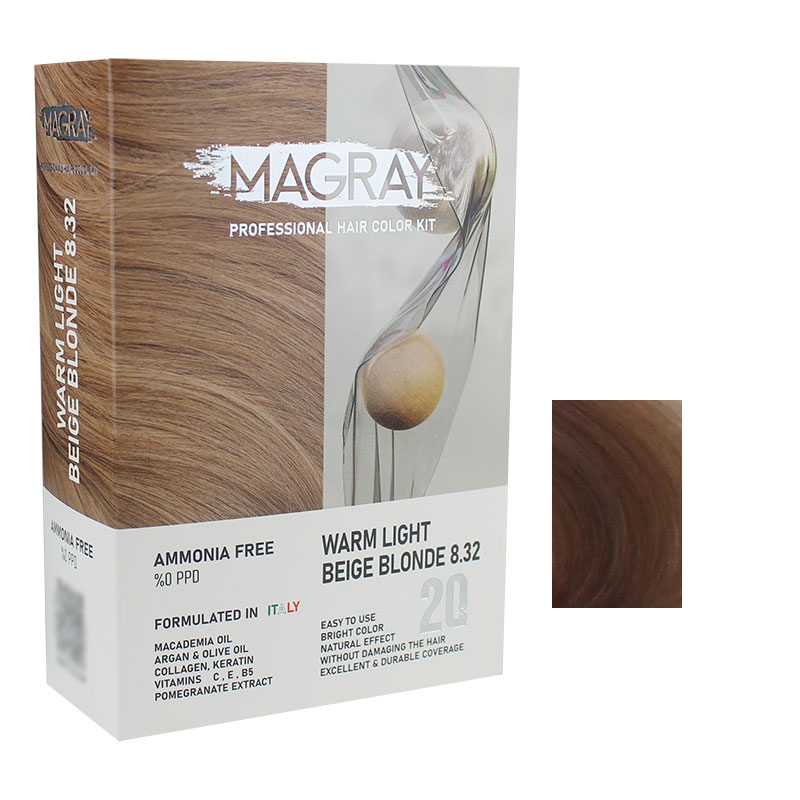 کیت رنگ مو بدون آمونیاک ماگرای شماره 8.32 حجم 120 میلی لیتر رنگ بلوند بژ روشن گرم