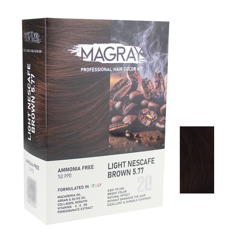کیت رنگ مو بدون آمونیاک ماگرای شماره 5.77 حجم 120 میلی لیتر رنگ قهوه ای نسکافه ای روشن
